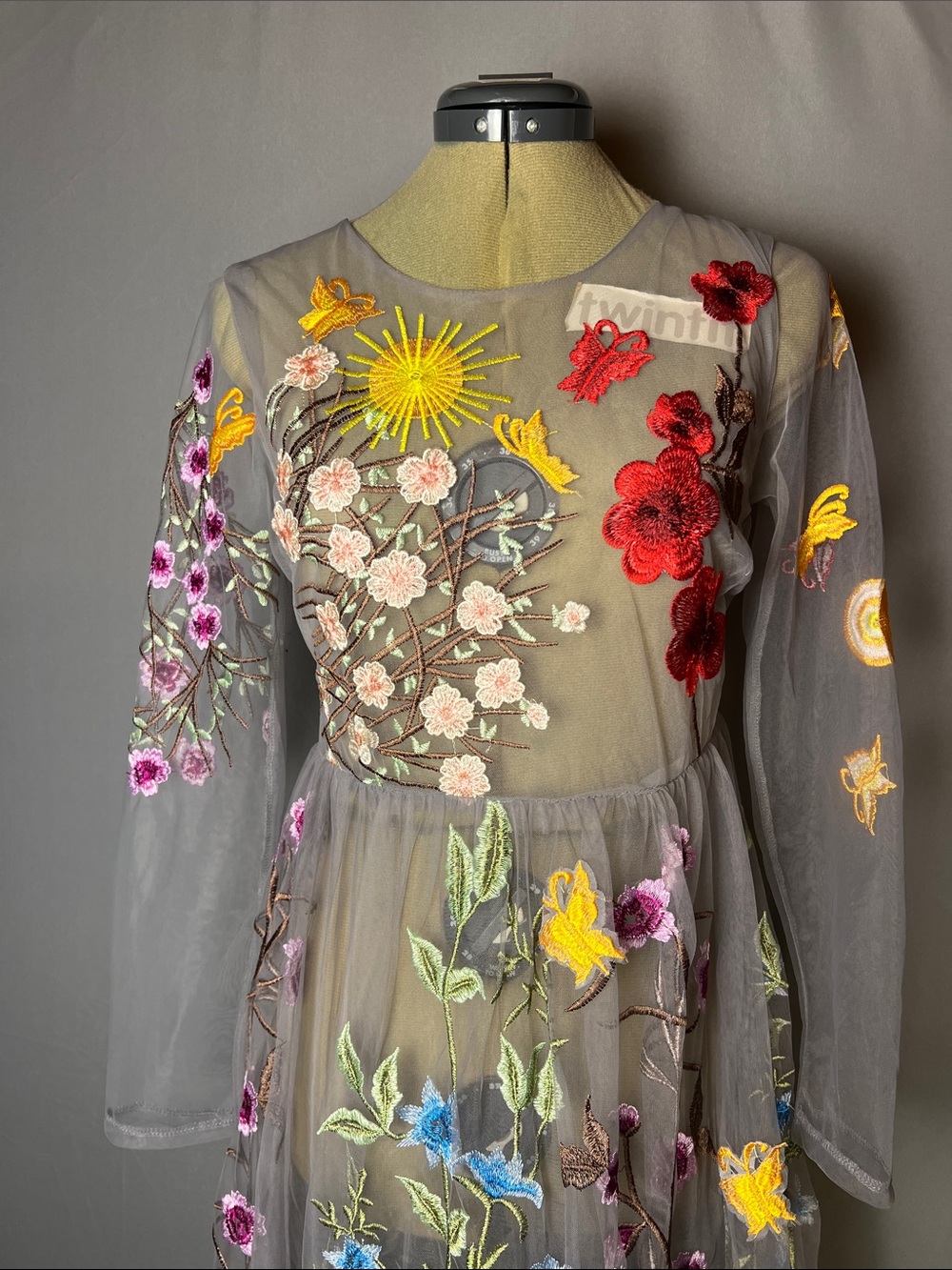 Embroidered Sheer Maxi Dress Floral Appliqué Women’s M mesh tulle cottagecore